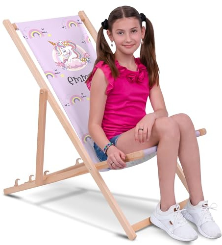 DreamRoots Kinderliegestuhl personalisiert Gr. M, Unicorn | faltbarer Kinderliegestuhl, Outdoor, für Garten, Camping & Strand, bis 30 kg, waschbarer Bezug, 100% Polyester
