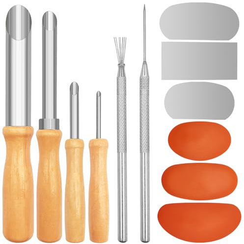 3 Sizes Rubber Pottery Clay Ribs + 3 Pcs Sculpture Pottery Molding Scraper Cutter + 4 Pcs Stainless Steel Circular Clay Hole Cutters + 1 Clay Ceramic Needle + 1 Feather Wire Texture Detail Tools