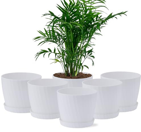 Gardrium 6 Blumentöpfe aus Kunststoff, mit Tabletts, geeignet für Aussaat, Kakteen, Sukkulenten, Orchideen, Kräuter, mit Ablauflöchern, 17,5 cm, weiß