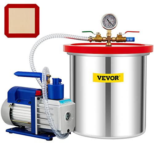 VEVOR Bomba de Vacío 141L/min 19L Cámara de Vacío con Bomba Rotativa de Una Sola Etapa 5 CFM 1/3 HP HVAC Kit de Herramientas de Aire para Estabilizar Madera Desgasificar Siliconas, Epoxis