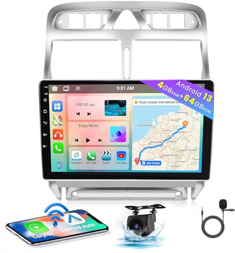 Hikity 8 Core 4GB+64GB Android 15 Radio Coche para Peugeot 307 SW CC (2002-2013) Radio CarPlay Android Auto Inalámbrico Bluetooth con 9 Pantalla Táctil WiFi GPS SWC USB Type-C DSP Cámara Trasera