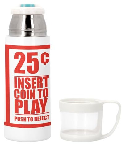 Stainless Steel Thermos with Built-In Cup - Coin to Play Insert Video Games Retro Gaming Arcade Vintage - 350ml - Insulated Bottle