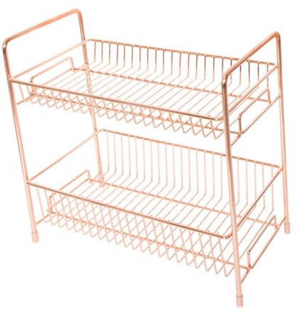 Healeved Iron Craft Double Layer Cosmetics Rack Rose Gold Desktop Storage Organizer Sundries Holder for Home Makeup Storage