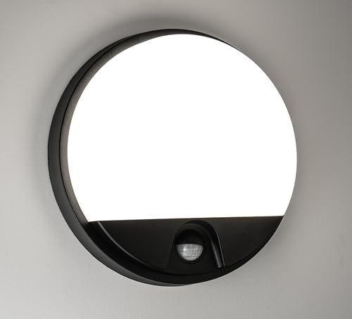 JungesLicht LED Wandleuchte Rund Bewegungsmelder schwarz, 15Watt 1350Lumen, 4000K, IP54, PIR Sensor 9m Reichweite, Lichtdauer & Dämmerungssensor, Innen & Außen, Deckenleuchte, Lebensdauer 60.000 Std.
