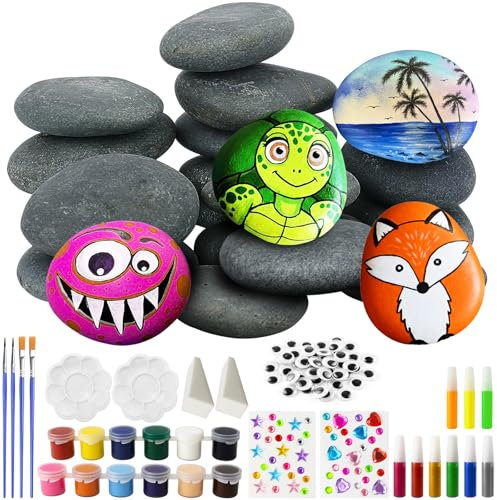 REJOECE 16 Pcs Rock Painting Kit for Kids, 3-5cm Small Pebbles for Painting with Glow in The Dark Paint, Creativity Arts & Crafts River Rocks with 12 Paint Colors, Kids Adults Birthday Gifts