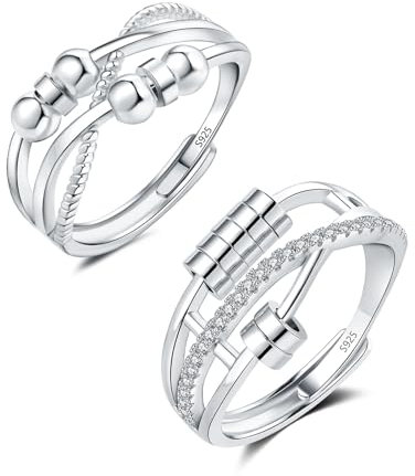 Zolkamery Anxiety Ring, 925 Sterling Silber Damen Angst Ring, Offen Einstellbar Anti Stress Stimmungsring mit Perlen, Liebespaar Spinner Fidget Ring mit Zirkonia, 2PCS Unisex Stressringe für Mädchen