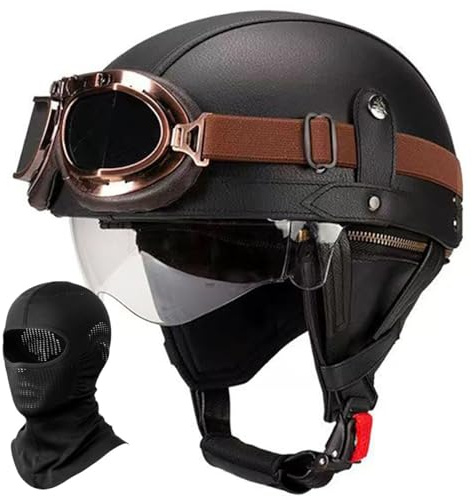 Deutscher Leder-Motorrad Halbhelm Vintage Halbmasken-Helm Erwachsene Männer Frauen Leichter Retro-Helm mit Offenem Gesicht für Moped Fahrrad Cruiser Scooter Chopper, ECE-geprüft