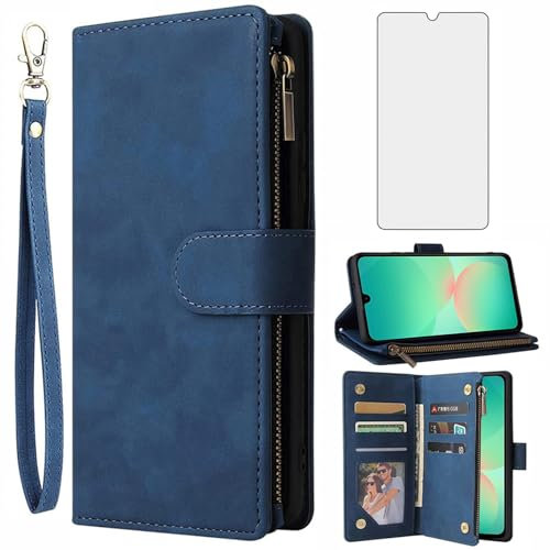 Asuwish Custodia per Samsung Galaxy A26 5G, con pellicola protettiva e scomparto per carte di credito, pieghevole, in pelle, supporto A 26 26 A LTE, con chiusura lampo, colore blu