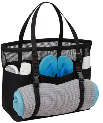 ECOSEAO Mesh Strandtasche XXL Familie Strandtasche Damen Groß Strandtasche mit Reißverschluss am Boden Familie Beach Bag für Strand Reisen Shopper