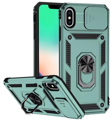 xinyunew Coque pour iPhone X/iPhone XS, Housse Etui de Protection coulissante pour Appareil Photo, Support annulaire à 360 degrés, étui antichute pour iPhone X/iPhone XS(Vert)