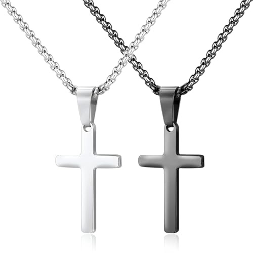 Liitata Lot de 2 colliers avec pendentif en forme de croix en acier inoxydable - Style rock gothique punk hip hop - Collier talisman pour hommes et femmes - Argent noir