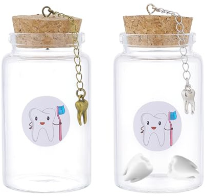 nbeads 2 Stk. 2 Farben Zahn Aufbewahrung Glasflaschen, 4.7x8cm Glasflaschen mit Kork Glas Zahn Andenken mit Zahnanhängern und Aufklebern für Aufbewahrung von Erinnerungen