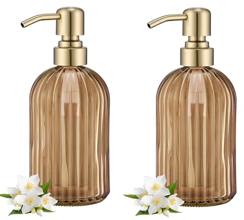 Seifenspender aus Bernsteinglas, 473 ml, Bernsteinstreifen, Badezimmer-Handseifenspender mit gebürsteter Goldpumpe, braunes Glas, Küchenhandseifenspender mit gebürsteter Goldpumpe, 2 Packungen