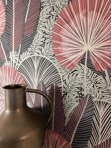 Newroom Vliestapete Rosa Dschungel Palmen Tapete Schlafzimmer Wohnzimmer | Art-Deco-Fächerblätter, Metallic-Glanz, Dunkelanthrazit-Schwarz mit Altrosa und Bordeaux, Mustertapete Flur Büro