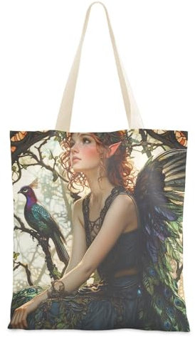Mucha Style Beauty Elf Canvas-Tasche mit Griffen, ästhetische Canvas-Tragetasche für Freunde Bolsa de Lona