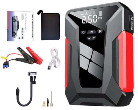 Avviatore di emergenza per batteria per auto, portatile, con gonfiatore per pneumatici, 19 x 13 x 4 cm, kit necessario per auto, SUV, lavoro all'aperto, viaggi su strada, vacanze