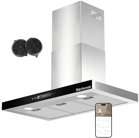 Karienvir 90CM Cooker Hood Wall Mount Chimney Hood, 700 m³/h Kitchen Extractor Hood, Touch and WIFI APPControl, Ducting & Recirculating Cooker Hood with 4 Speed, LED Lights