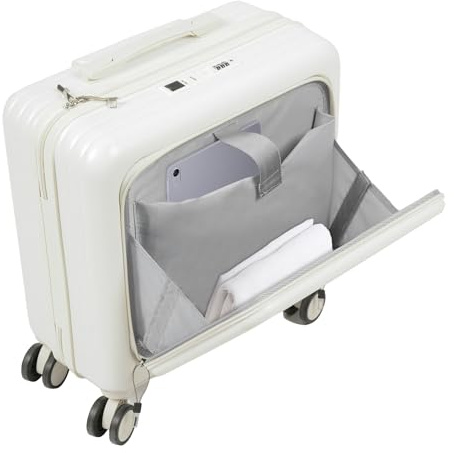 soudesileim 18 Inch Handgepäck Koffer mit Fronttasche 180° Öffnen, 3-Stelliges Passwortschloss, USB-Anschluss, Trolley Handgepäck mit Laptopfach, Tragfähigkeit 30kg (Weiß)