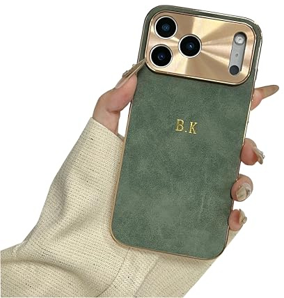 Casebox Personalized Gold Initials Lambskin Leather Case for iPhone 17 16 15 14 13 12 11 Pro Max Plus Air ，Luxury Suede Hard Lens Protection Cover