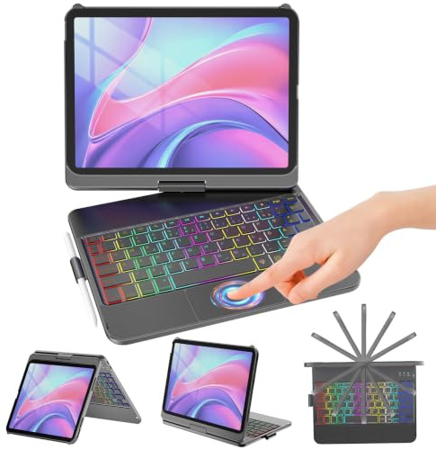 KBCASE Hülle mit Tastatur für iPad A16 11 10 Generation 2025 11/2022 10.9 | 360° Drehbar Kabellose Bluetooth Tastatur, Präzisions-Trackpad, 7-farbige Hintergrundbeleuchtung, QWERTZ-Layout, Schwarz