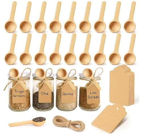 JYYWTSI Set di 24 mini cucchiai in legno, 1 g, cucchiaio dosatore per spezie, cucchiaio in legno, piccolo con 30 etichette e 30 corde per cucina, barattoli di spezie, decorazione fai da te, confezione