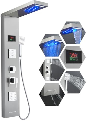 ROVOGO Colonne Douche Hydromassante LED Brossé, Écran température, 5 Modes | Panneau Douche Mitigeur sans Batterie Inox, Pommeau Pluie, Brume, 2 Jets Massage, Douchette Main, Bec Baignoire Montage Mural