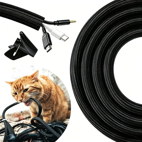 16.4ft-3/8 inch Cable Tidy Black Wire Covers Cord Protector for Pets | Wire Protector from Pets Self-Winding Cable Tidy Sleeve Prevent Dogs Cats Chewing for USB Power Audio PC/TV Cords Home Office
