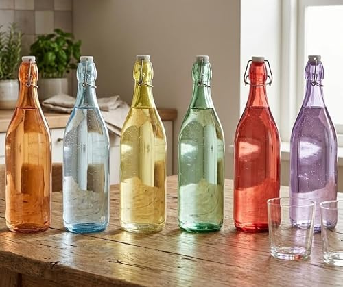 Set 6 Bottiglie in Vetro Colorate 1 Litro Acqua Con Tappo Ermetico Caraffa da Tavola Eleganti Bottiglia per Acqua e Succhi Mod. ARCOBALENO