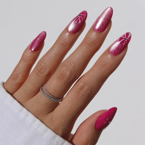 Glamnetic Press On Nails - Rosy Siren | Medium Oval Fake Nails in Magenta Rose with Floral & Gem Accents, Velvet Finish, Salon Quality | 15 Sizes - 30 Nail Kit with Glue