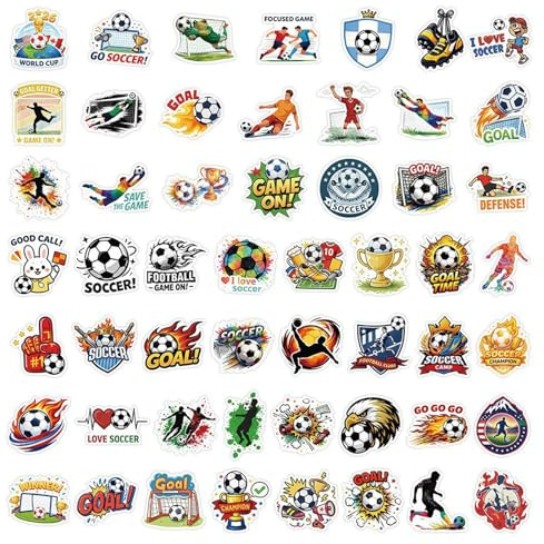 WUMZIRA 100 Stück Fussball Sticker Set, Wasserfeste Vinyl Aufkleber für Laptop Skateboard Helm Fahrrad, Lustige Soccer Stickers für Kinder und Erwachsene, WM Fußball Deko Zubehör