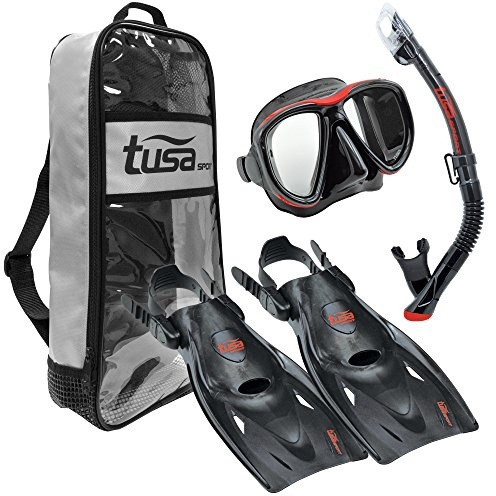 TUSA Sport Adult Powerview Mask, Dry Snorkel, and Fins Travel Set, Large, Black/Red