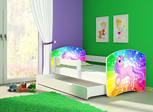 CLAMARO 'Fantasia Weiß' 160 x 80 Kinderbett Set inkl. Matratze, Lattenrost und mit Bettkasten Schublade, mit verstellbarem Rausfallschutz und Kantenschutzleisten, Design: 18 Einhorn Regenbogen