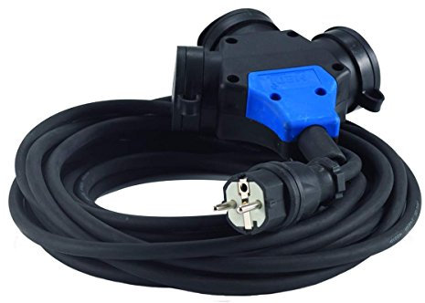 Alargador Hedi 25 m. cable de goma de neopreno 3G2,5, color negro, IP44. Con cabezal suspendido con 3 tomas