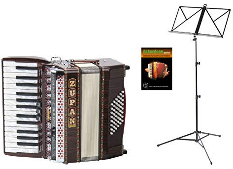 Zupan Alpe II 48 Akkordeon Set (Einsteiger Akkordeon mit 48 Bässen, inkl. Gurt, Koffer, Poliertuch, Notenständer & Akkordeonschule) Palisander