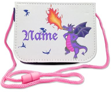 Maus-Design Kinder Brustbeutel mit Name, Lila Drache | Schriftartwahl, Klettverschluss, Schnur zum Umhängen, Klarsichtfach, Personalisiert