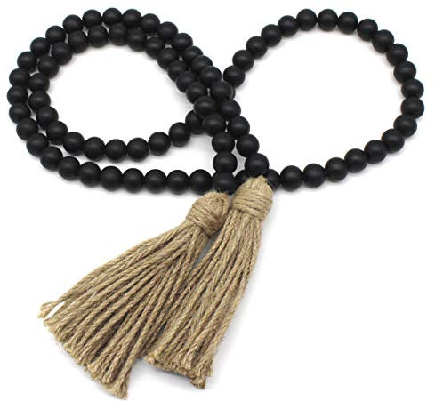 CVHOMEDECO. Holzperlen Girlande mit Quasten Bauernhaus Rustikale Holz Gebetskette String Wandbehang Akzent für Home Festival Decor. Schwarz