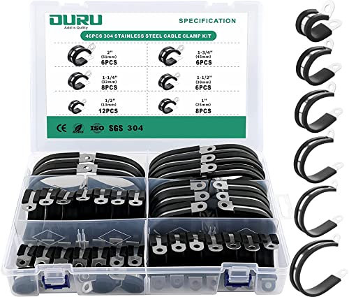 OURU Assortiment de 46 colliers de serrage en acier inoxydable recouvert de caoutchouc - Collier de serrage isolé rembourré - Pinces de fil automobile, colliers de serrage en métal en 6 tailles :