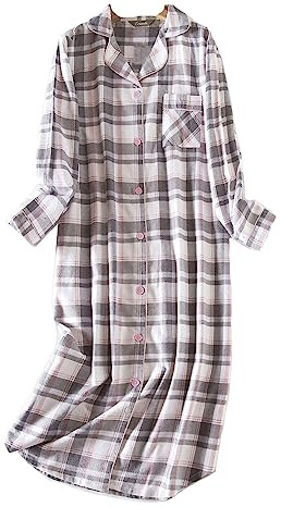 DSKK Chemise de Nuit Femmes Manches Longues Coton Flanelle Carreaux boutonnée Pyjama vêtements de Nuit Femme