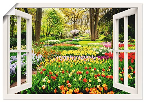 ARTLAND Wanddeko Poster & Kunstdrucke Wandposter + weitere Größen Bild ohne Rahmen Querformat Fensterblick Landschaftsbilder Tulpen Garten U1OS