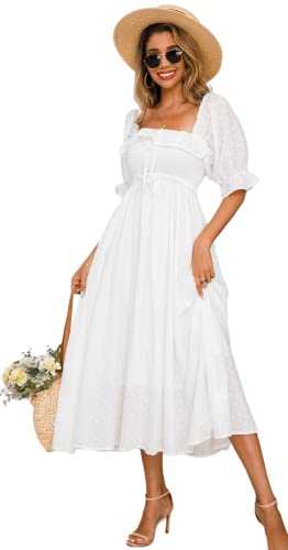 R.Vivimos Women Square Neck Puff Sleeve Boho Midi Dress | Off Shoulder,Backless,Elastic Smock Bust,Empire Waist,Floral,A Line,Casual,Beach,Milkmaid,Vacation,Peasant,Party,Long Dresses