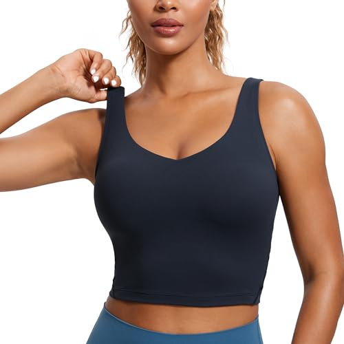 CRZ YOGA Butterluxe Damen V-Ausschnitt Longline Sport-BH - Gepolstert Workout Crop Tank Top mit Eingebautem BH Dämmerungsblau S