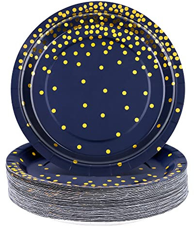 Aneco 60 Pieces 7 Inches Disposable Paper Plates Navy Blue Plate Blue and Gold Foil Dot Dessert Plate Round Paper Plates for Wedding Bridal Shower Birthday Party Decorations