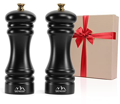 GREYMOUNT ® Salz und Pfeffermühle Holz Schwarz mit Premium einstellbarem Edelstahl-Mahlwerk | Geschenkidee Gewürzmühle Set Manuell (17 cm, 2 Stück)