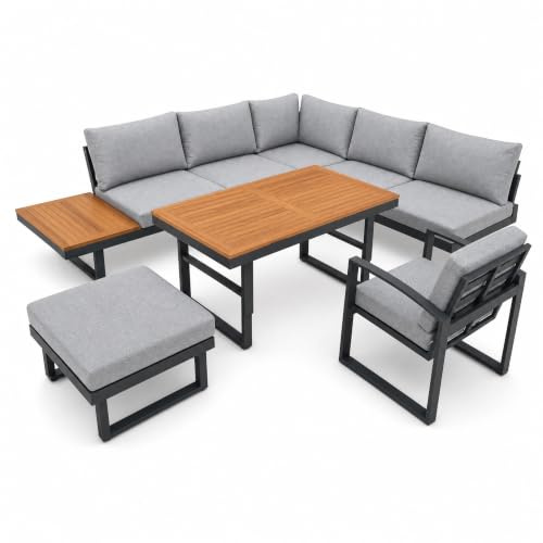 bomey Ecklounge Santorini Acacia Wood I Lounge-Set bestehend aus höhenverstellbaren Tisch, Hocker & Lounge Sessel I Tischplatte und Seitenablage der Sofagarnitur aus hochwertigem Acacia Hartholz