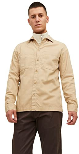 JACK&JONES Hemd Langarm Übergangs Shirt mit Knopfleiste Shacket Oberteil JPRPETE, Größe Hemd:L,Farben:Sand