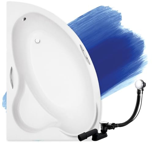 Baignoire d'angle BADLAND ADA 140 x 90 cm, kit complet avec poignées, pieds, bonde automatique chromée, fabriquée en UE, 4 en 1