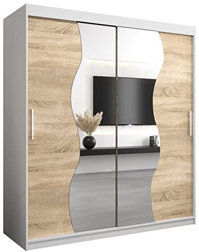 KRYSPOL Schwebetürenschrank Madryt 180 cm mit Spiegel Kleiderschrank mit Kleiderstange und Einlegeboden Schlafzimmer- Wohnzimmerschrank Schiebetüren Modern Design (Weiß + Sonoma)