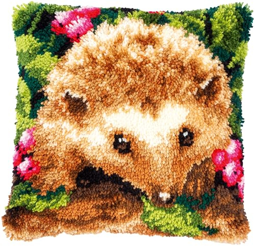 VERVACO Gancho De Pestillo Cojin Decorativo Hedgehog DIY Manualidades Adultos Set Creativo Regalo Bordado Principiantes Kit ca. 40 x 40 cm Latch Hook Embroidery Knotted Stitch, Cotton, Multi-Coloured