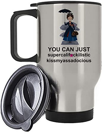 Giftme Mary Poppins Secret Santa Supercalifragilistic Rude Sweary Travel Silver/White Tea/Coffee Mug. (Silver)