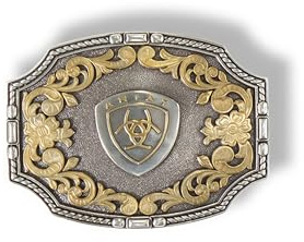 ARIAT Rectangle Buckle with Emblem, Antique Silver Rope Edge and Gold Floral Accents, 3 x 4, Silver/Gold, 3 x 4